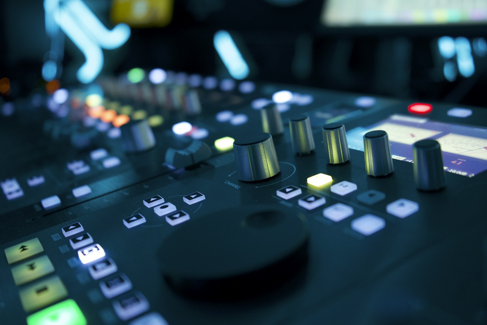 Close-up of a sound mixing console