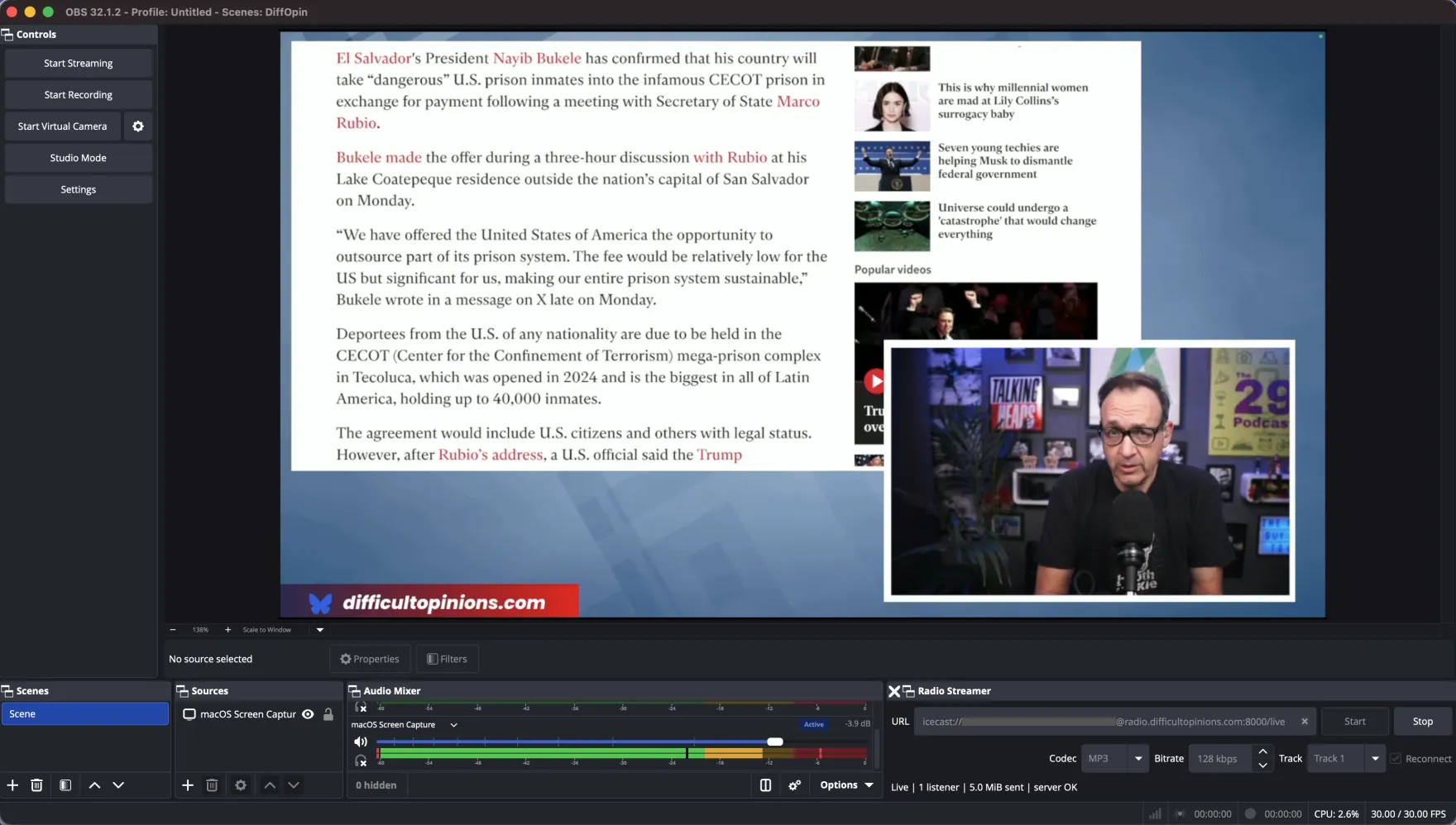 OBS Studio on macOS broadcasting a news commentary scene with the Radio Streamer dock streaming live to an Icecast mountpoint.