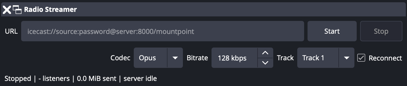 Radio Streamer dock in OBS Studio: URL field, Start and Stop buttons, codec (Opus), bitrate (128 kbps), track selector, and Reconnect checkbox
